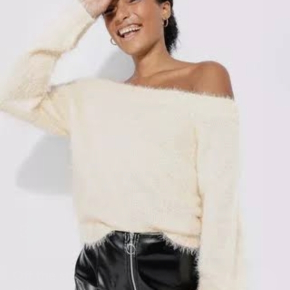 Express Cream Off-Shoulder Sweater Soft Fluffy Contemporary feminine lightweight - Picture 1 of 8